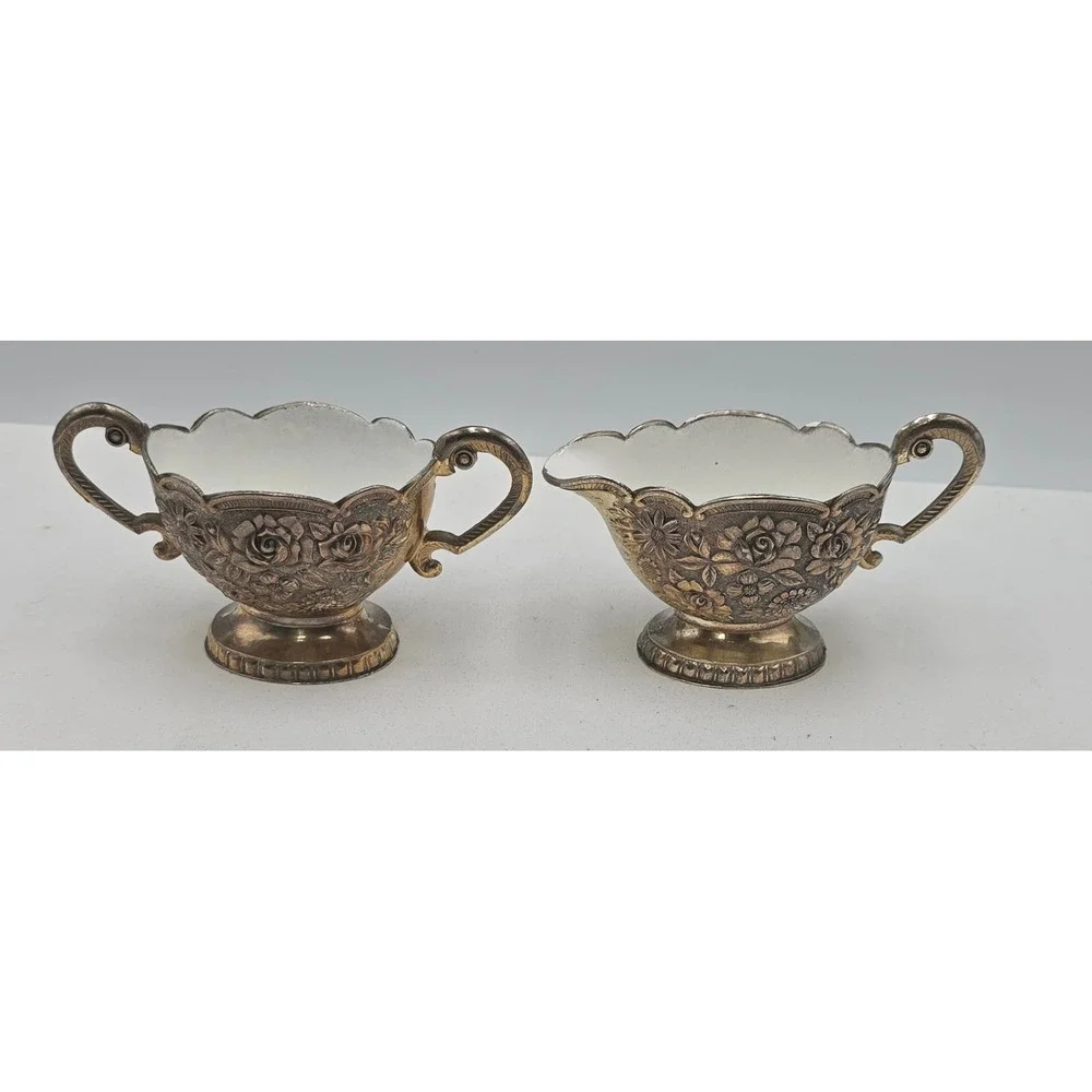 Vintage Raimond Silver Plate Repousse 9pc Set Goblets Cream Sugar Tray Japan 60s